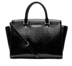 Michael Kors Selma Large Black Glossy Textured Leather Satchel Bag Pursenwt! - £182.99 GBP