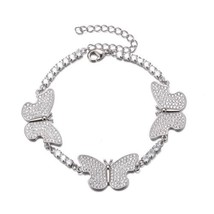 Women&#39;s Iced Out Butterfly CZ Tennis Chain Silver Tennis Ankle Bracelet - £33.43 GBP