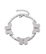 Women&#39;s Iced Out Butterfly CZ Tennis Chain Silver Tennis Ankle Bracelet - £33.24 GBP