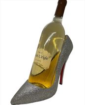 Silver Wine Bottle Holder Festive Glitter Stiletto Shoe Poly Stone 8" High image 6