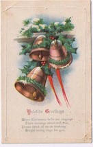 Holiday Postcard Embossed Christmas Bells Holly Yuletide Greetings - $2.06