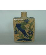 ANTIQUE PERSIAN GLAZED POTTERY FLASK BOTTLE BLUE BIRD FLOWERS - £58.99 GBP