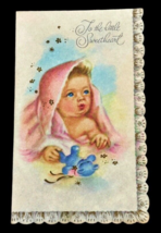 Vintage Used 1950s New Baby Card - Blue-eyed Baby Under a Pink Blanket S... - $6.79