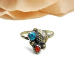 sz 6 1/2 Tribal Ring Red Coral Blue Turquoise Vtg Sterling Silver Patina 1.44g - £59.33 GBP
