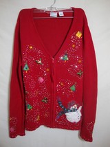 Ugly Christmas Sweater Cardigan Embellished Zip Front Long Sleeve Red Large - £22.54 GBP