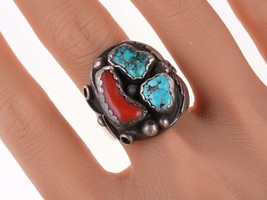 sz11 Vintage Navajo Sterling turquoise and coral ring - £186.28 GBP