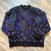 Vtg LeRoy Sweater Coat Jacket Size Large Black Purple Blue Thick 1980s 1990s Zip - $38.52