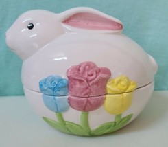 Vintage Ceramic Bunny and Tulips Lidded Candy Dish Compote Canister Signed BNP - £10.21 GBP