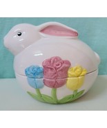 Vintage Ceramic Bunny and Tulips Lidded Candy Dish Compote Canister Sign... - $12.99