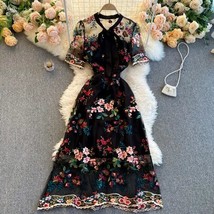 Ew arrival women vintage mesh floral embroidery maxi dress ladies retro bow a line slim thumb200