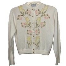 British Vogue VTG 1950-60s  Womens Sweater S/M White Knit Embroidered Ca... - £27.52 GBP