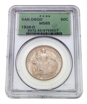 1936-D 50C San Diego Commemorative Half Dollar PCGS MS65 Old Holder - £194.42 GBP