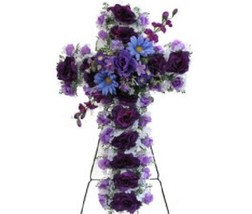 Cemetery Silk Flower Purple Cross Easel Mount grave-site Presentation - £66.47 GBP