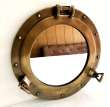 12&quot; Antique Brown Finish Canal Boat Porthole-Window Ship round Mirror Wa... - $49.51