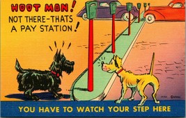 Comic Two Dogs Hoot Man Not There Pay Station Watch Your Step Linen Postcard  - £3.07 GBP