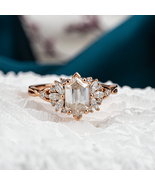 Long Hexagon Moissanite Flower Cluster Engagement Gold Ring Rose Gold Ring - $350.00+