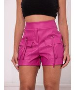 Women&#39;s Pink Leather Shorts Pants High Waist Real Leather Gym Summer Pants - £98.11 GBP+