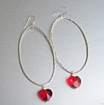 Big Hammered Sterling Silver Oval Hoop &amp; Crystal HEART Vtg Earrings - $22.72