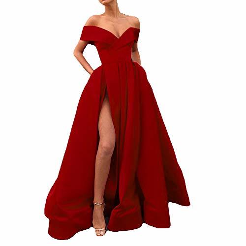 Kivary Plus Size Off Shoulder Front Slit Ball Gown Prom Dress with Pockets Wine