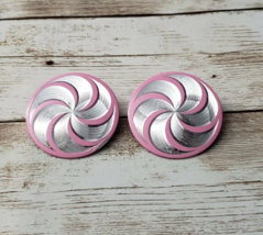 Vintage Clip On Earrings Pink &amp; Silver Tone Spiral Design Large - £10.40 GBP