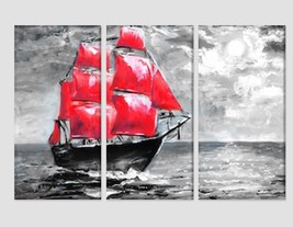 Scarlet Sails Oil Painting Canvas Print Romantic Wall Art Red Sails on Black and - £39.07 GBP