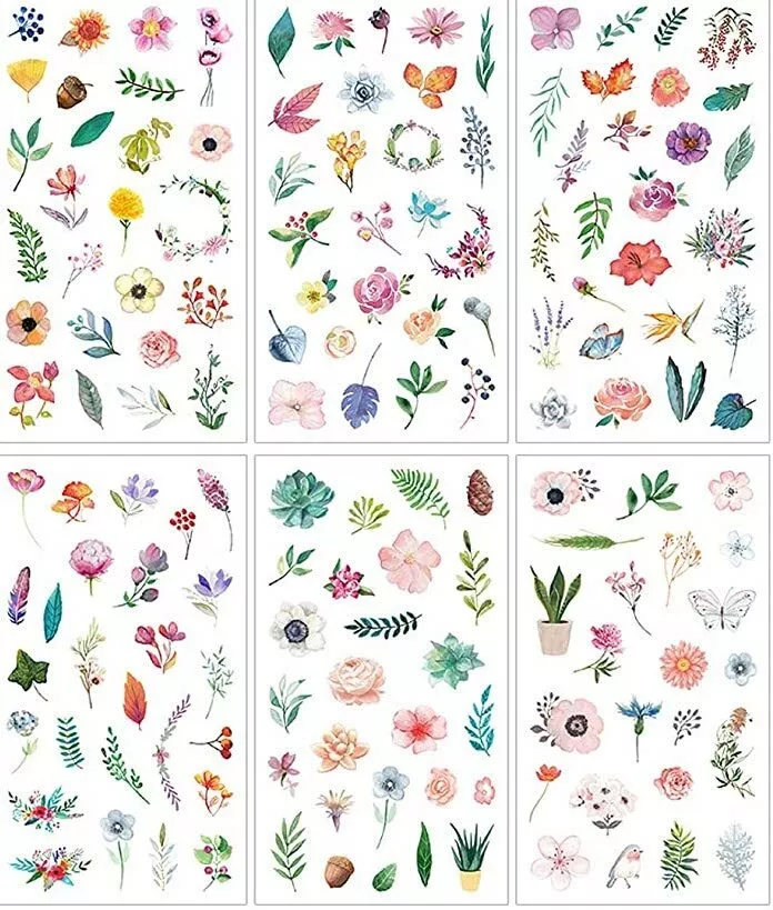 6 Sheets Watercolor Flowers Stickers Papercraft Planner Supply Journal P... - $8.99