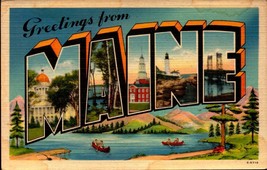 Linen Large Letter POSTCARD- Greetings From Maine BK50 - £3.50 GBP