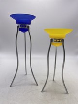 IKEA Intervall Candle Holders Set 2 Glass Yellow Blue Metal Vintage 1990s - $48.99