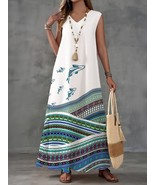 Women&#39;s Retro Tribal Pattern Fish Print V Neck Sleeveless Maxi Dress - $27.99