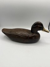 Vintage Duck Decoy Dark Wood Carved Brass Bill Beak Glass Eyes unmarked - £10.42 GBP