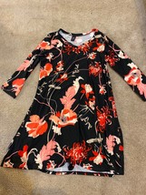 LIDY Women&#39;s Size S-M Black/Coral Floral long Sleeve Dress Round Neck - £11.26 GBP