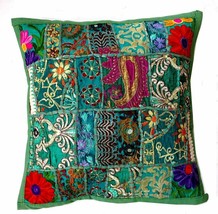Handmade Patchwork Cushion Pillow Sari Patch Indian Ethnic Embroidered (D Green) - £7.56 GBP