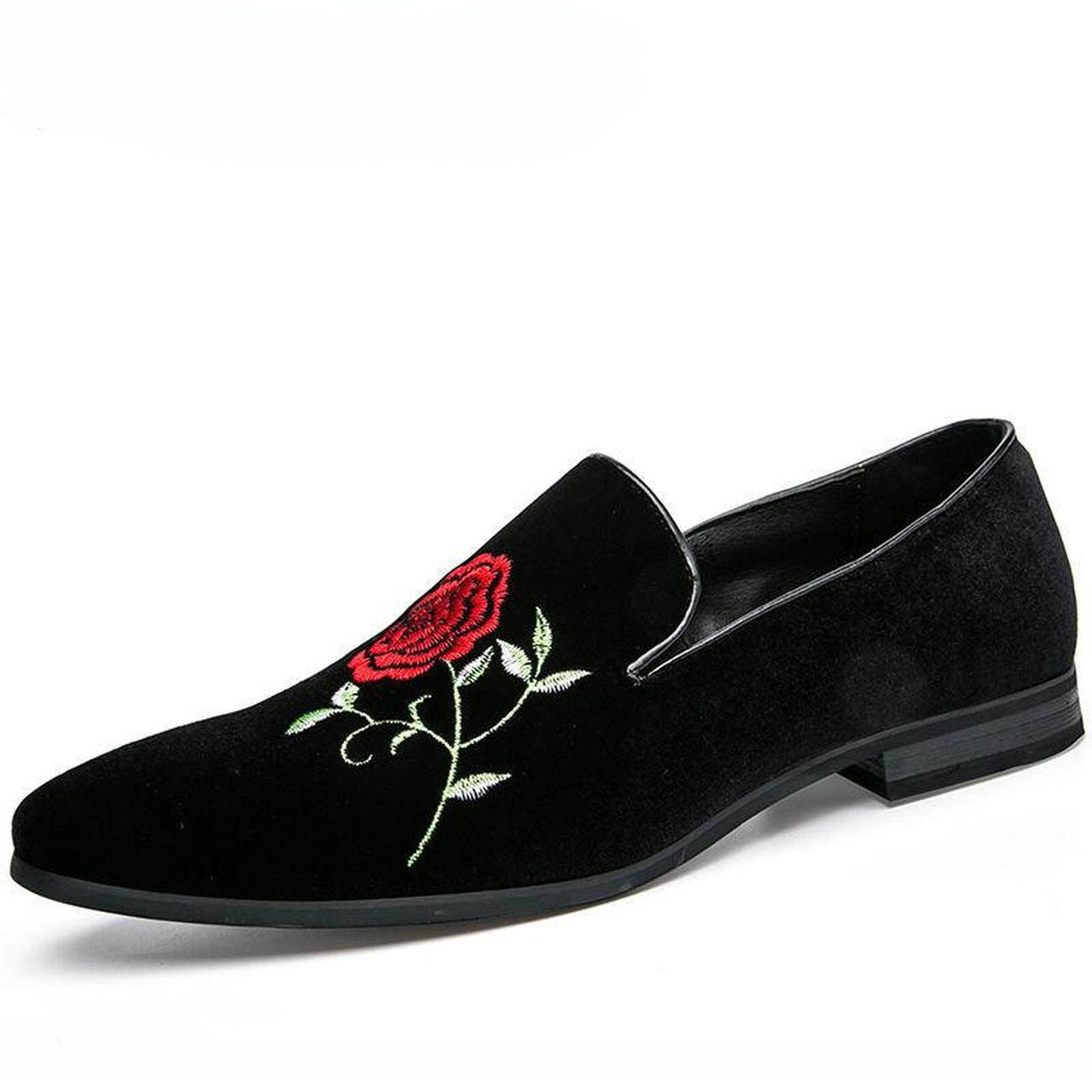 Black Color Rose Embroided Plain Toe Comfortable Suede Leather Men Loafer Shoes