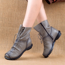 New Women Boots Genuine Leather Lace-up Women Shoes Round Toe Winter Wedges Hand - £76.49 GBP