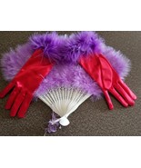 Red Nylon Gloves w/ Purple Feathered Waistbands &amp; Purple Feathered Fan - £17.83 GBP