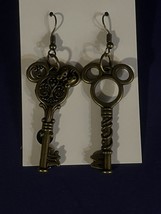 Mickey &amp; Minnie Mouse Key Earrings Antique Gold Tone Dangle - $9.94