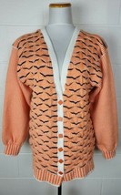 Vtg Womens Crazy Orange Wavy 3D Chunky Knit Cardigan Sweater Birdseye Stripe L? - £79.03 GBP