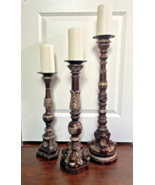 3 Large Handcarved Wooden Ornate Altar Candlesticks/Candle Holders 19&quot;/2... - $149.99