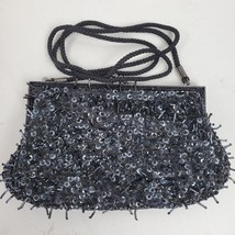 Vintage Mid Century Lancome Beaded Sequin Purse Clutch 8x5&quot; Black w/ Rope - £10.13 GBP