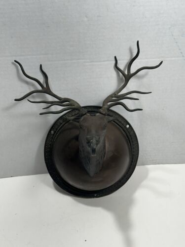 Primary image for Vintage Rustic Brass Deer Elk Head Plaque Wall Mount Deer With Hanger Hook RARE