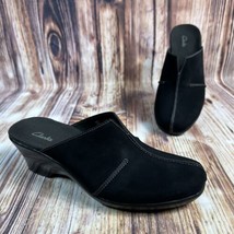 Clarks Womens Size 7.5 Black Suede Leather Slip On Wedge Heel Clog Mule Shoes - £18.97 GBP