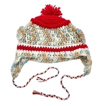 Crochet Hat Blues Browns Red with Ear Flaps and Ties and Pom Pom - $18.81