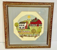 Vintage 1993 Handmade Needpoint Farm House Scene Framed 11.5 x 11.5 - £27.82 GBP