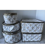 Set Of 5 Vintage MCM China Quilted Storage Bags Plates/Cups Fleur De Lis - £36.32 GBP