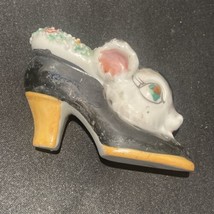 Vintage Japan Porcelain Black Bunny Rabbit Shoe Figurine 4” X 2.25” Flowers - £21.42 GBP