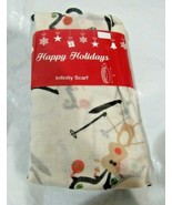 Happy Holidays Infinity Scarf Reindeer Skiing on White Lightweight Wrap - £10.21 GBP