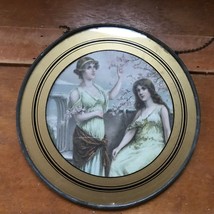 Vintage Two Victorian Women Sisters Near Cherry Blossom Tree Picture in Round Gi - £11.86 GBP