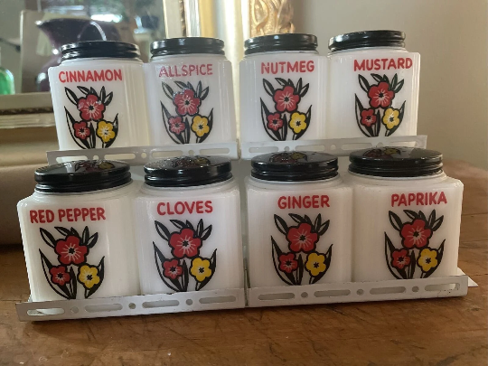 Vintage Tipp Red/Yellow floral Spice Shakers W Black Lids &amp; lo-boy Rack  - $149.00