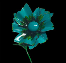 Art Deco Enamel Metal Blue &amp; Green Flower Brooch - £31.97 GBP