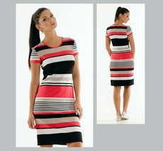 STRIPED SUMMER DRESS SHORT SLEEVES WORK PARTY CASUAL STRETCH MADE IN EUROPE - £70.32 GBP